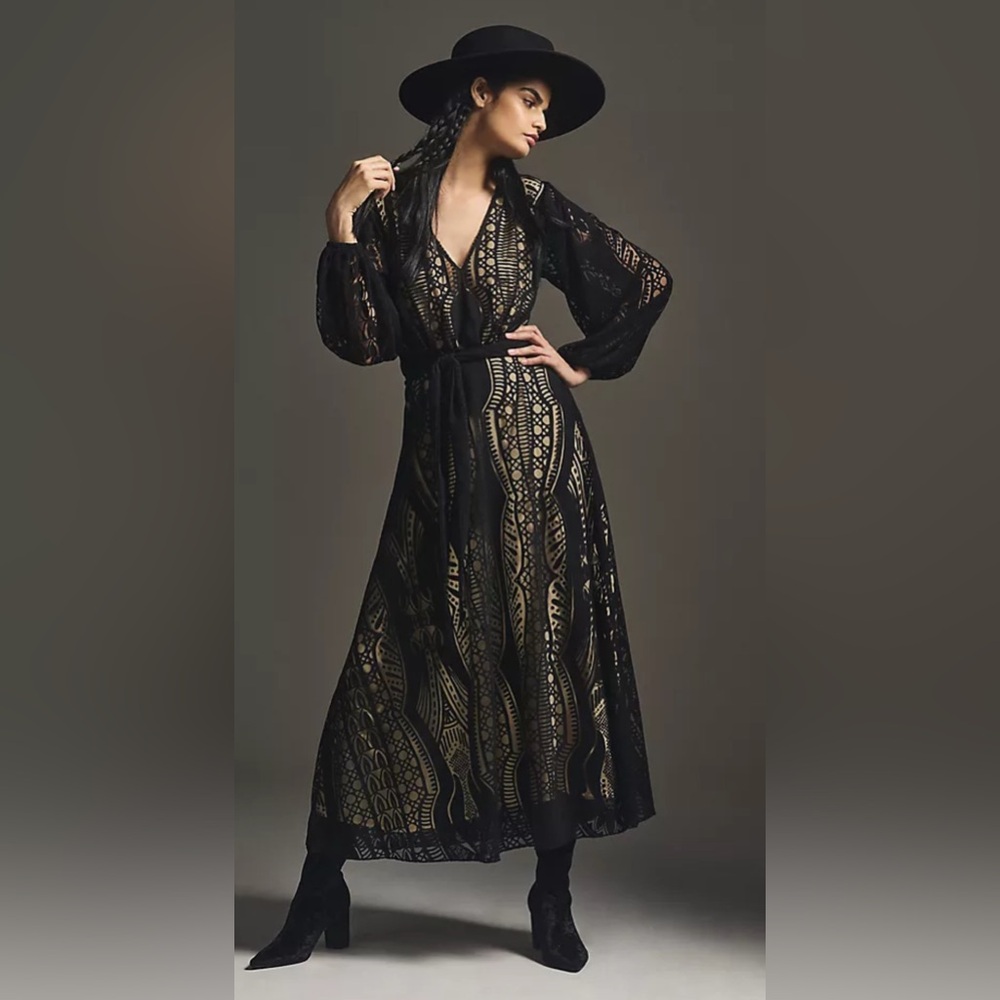 Rare Farm Rio x Anthropologie Devore Velvet Maxi Dress XL Crochet-Inspired Black